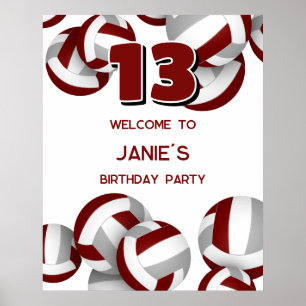 Affiche maroon grey volleyballs fête d'anniversaire bienve