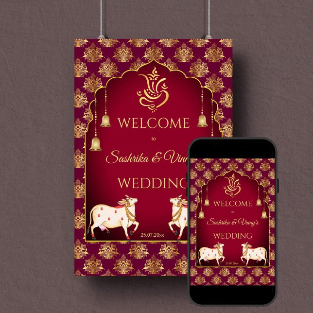 Affiche Maroon or Gomata mariage signe d'accueil (Indian wedding maroon and gold lotus welcome sign poster digital download gomata sacred cow Ganesha)