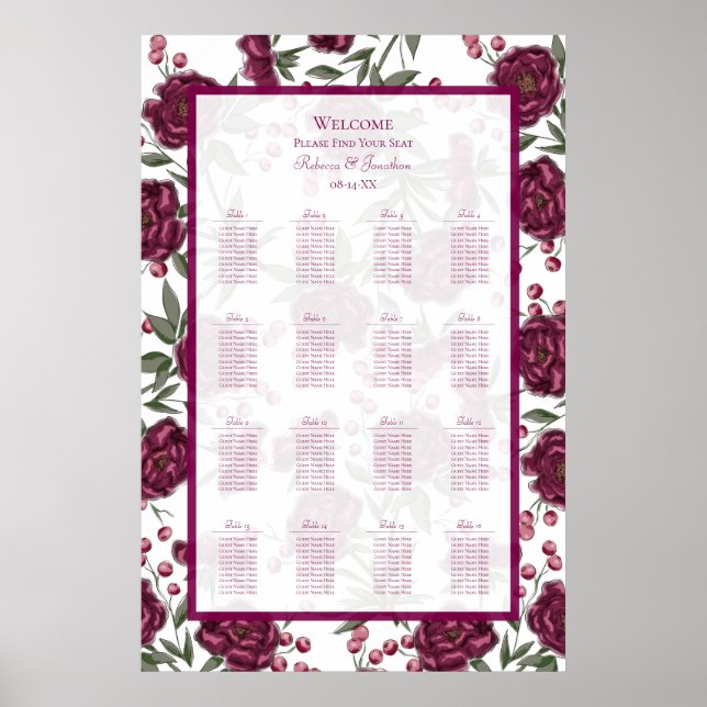 Affiche Maroon Rose Wedding Seating Chart (Devant)