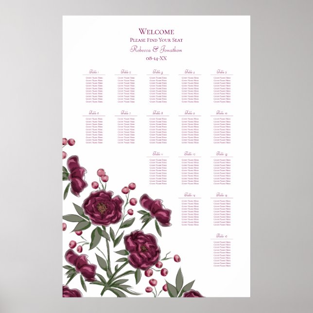 Affiche Maroon Rose Wedding Seating Chart (Devant)