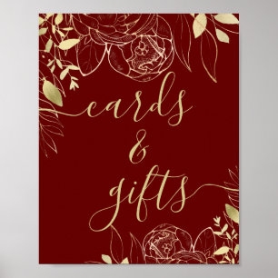 Affiche Maroon rouge foncé & or moderne Floral Cartes & Ca