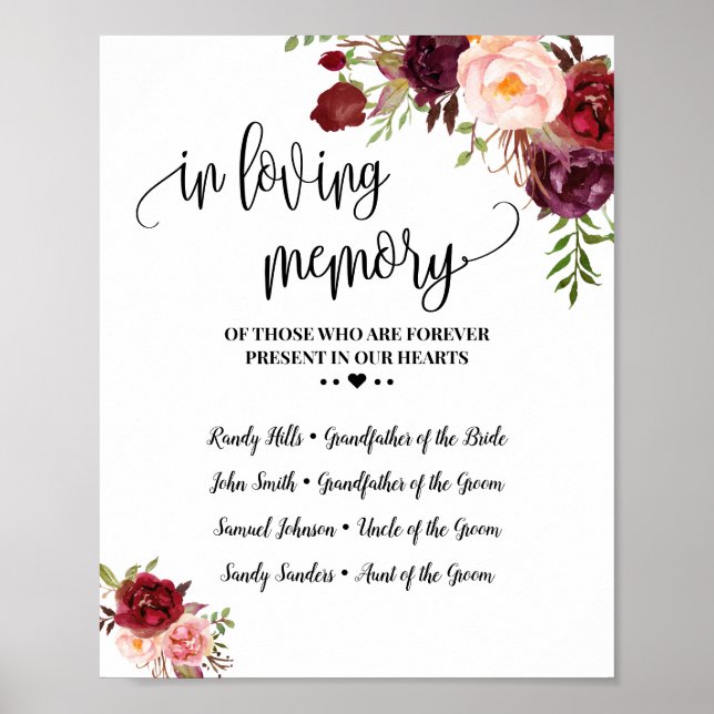 Affiche Marque de mariage marsala en souvenir affectueux (Devant)
