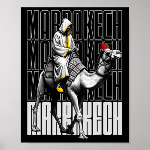 Affiche Marrakech Chameau Coucher de soleil Maroc Drapeau