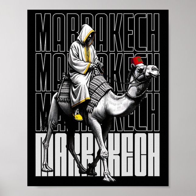 Affiche Marrakech Chameau Coucher de soleil Maroc Drapeau  (Devant)