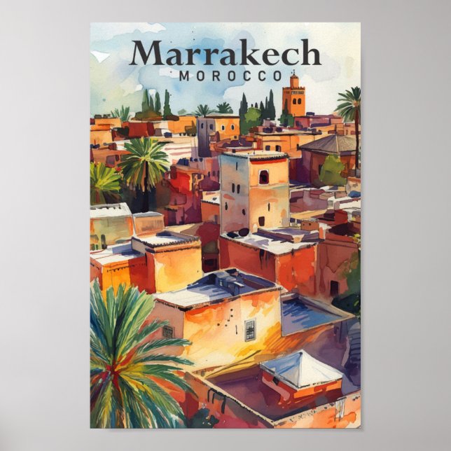 Affiche Marrakech Maroc Aquarelle Peinture Voyage (Devant)