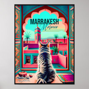 Affiche Marrakech Maroc Chat Voyage Tourisme Souvenir