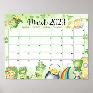 Affiche Mars 2023 Calendrier vert imprimable