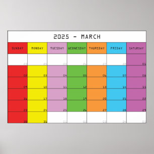 Affiche Mars 2025 jours couleur calendrier plancer