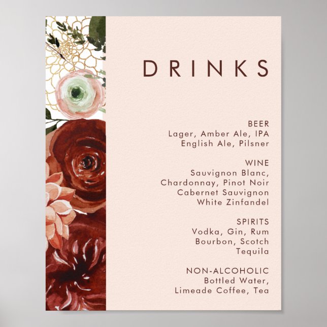 Affiche Marsala Autumn Floral | Menu Boissons Mariages (Devant)