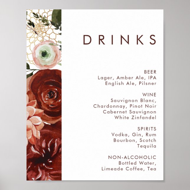 Affiche Marsala Autumn Floral | Menu Boissons Mariages bla (Devant)