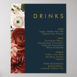 Affiche Marsala Autumn Floral   Menu Boissons pour Mariage