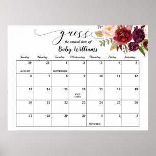 Affiche Marsala Baby Shower Guess Due Date Calendar