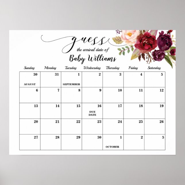 Affiche Marsala Baby Shower Guess Due Date Calendar (Devant)