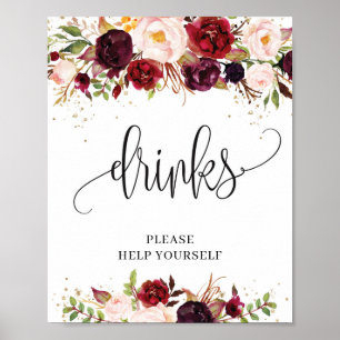 Affiche Marsala bordeaux rustique panneau de boissons doré