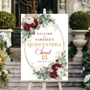 Affiche Marsala Bourgogne Floral Orée Quinceanera Bienvenu
