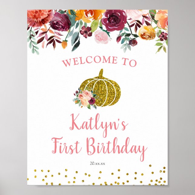 Affiche Marsala Floral Pumpkin Birthday Welcome Sign (Devant)
