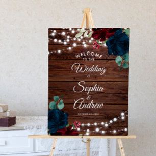 Affiche Marsala & Navy Flowers Rustic Wood Wedding Welcome
