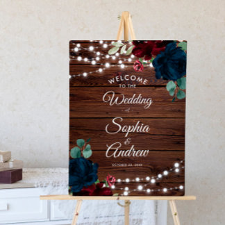 Affiche Marsala & Navy Flowers Rustic Wood Wedding Welcome