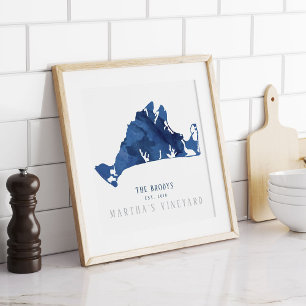 Affiche Marthas Vineyard Blue Map Famille établie
