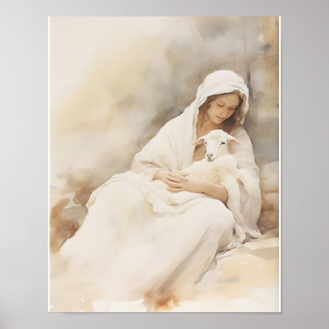 Affiche Mary Holding Lamb Watercolor Art Imprimer (Devant)
