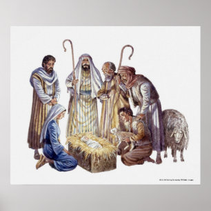Affiche Mary, Joseph, et bergers entourant le bébé Jésu