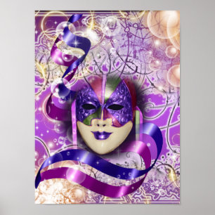 Affiche Mascarade masque vénétie violet rose