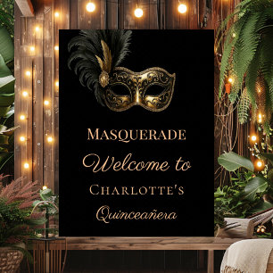 Affiche Mascarade Quinceanera bienvenue noir or