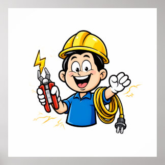Affiche Mascotte Électricien Énergétique Foudre Dessin Ani