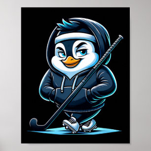 Affiche Mascotte Pingouin De Hockey Sur Glace Avec Bâton E