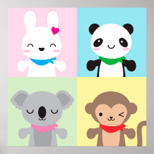 Affiche Mascottes d'animaux Super Cute Kawaii