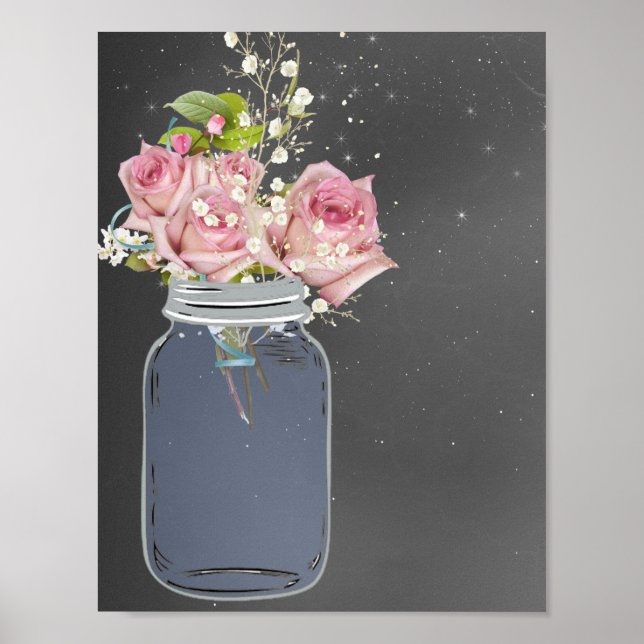 Affiche Mason Jar Chalkboard, Roses roses, Personnalisé (Devant)