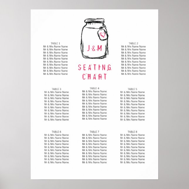 Affiche Mason Jar & Pink Heart Mariage Sein Chart (Devant)