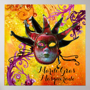 Affiche MASQUE DE BOUFFON NOIR ET ROUGE, Fête masquée