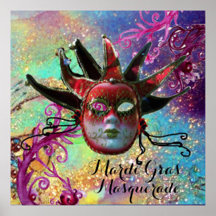 Affiche MASQUE DE JESTER NOIR ET ROUGE À LA FÊTE Mascarade