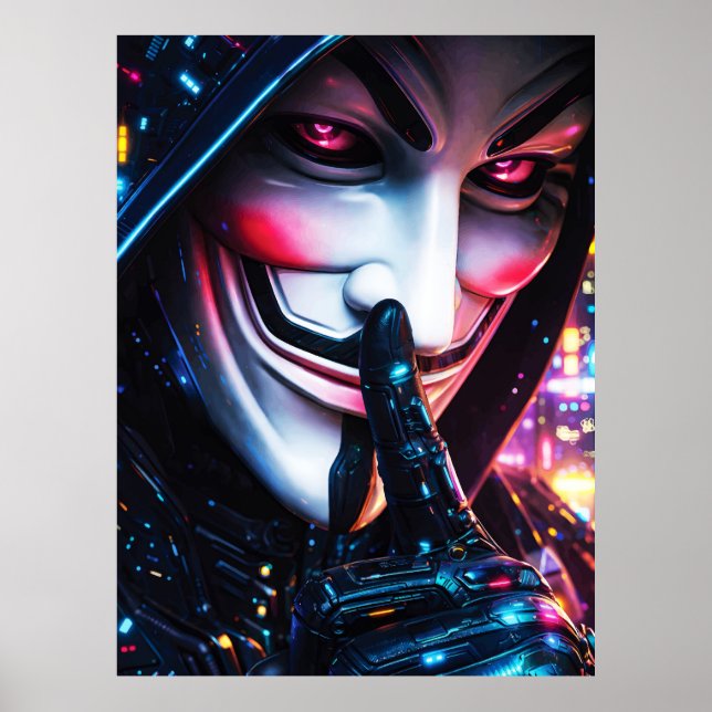 Affiche Masque de pirate informatique Cyberpunk Shush Neon (Devant)