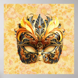 Affiche Masque de plumes jaunes sur motif floral