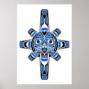 Affiche Masque de soleil bleu et noir haïda en blanc