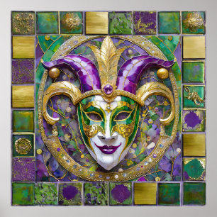 Affiche Masque Mardi Gras Jester Vert Or