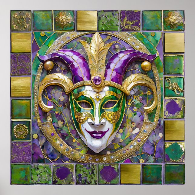 Affiche Masque Mardi Gras Jester Vert Or (Devant)