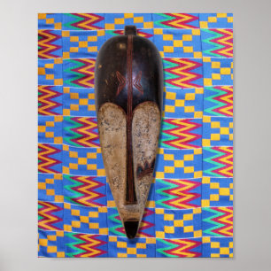 Affiche Masque Tribal Africain Bleu Jaune Orange Kente