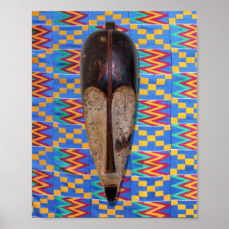 Affiche Masque Tribal Africain Bleu Jaune Orange Kente