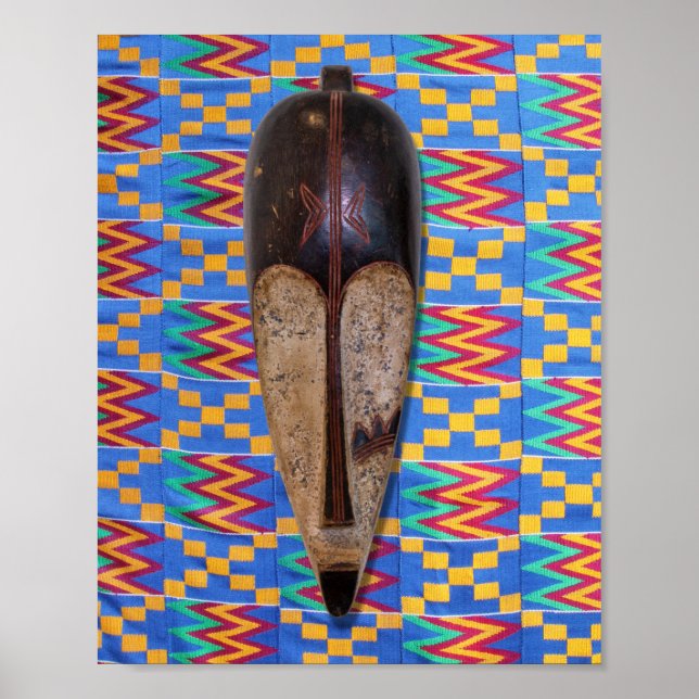Affiche Masque Tribal Africain Bleu Jaune Orange Kente (Devant)