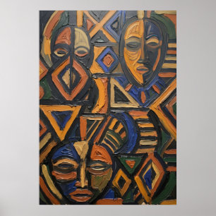 Affiche Masque Tribal Africain Géométrique Orange Bleu Gra