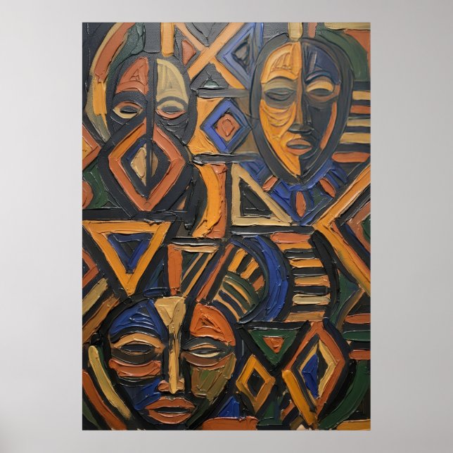 Affiche Masque Tribal Africain Géométrique Orange Bleu Gra (Devant)