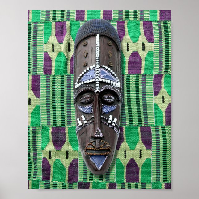 Affiche Masque Tribal Africain Vert Bleu Violet toile (Devant)