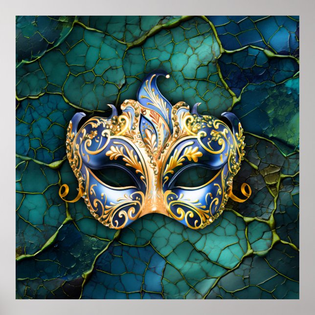 Affiche Masque vénitien sur Arrière - plan Turquoise-bleu (Devant)