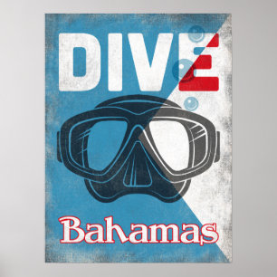 Affiche Masque vintage de plongée à l'air des Bahamas