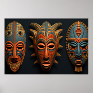Affiche Masques africains en orange et bleu turquoise