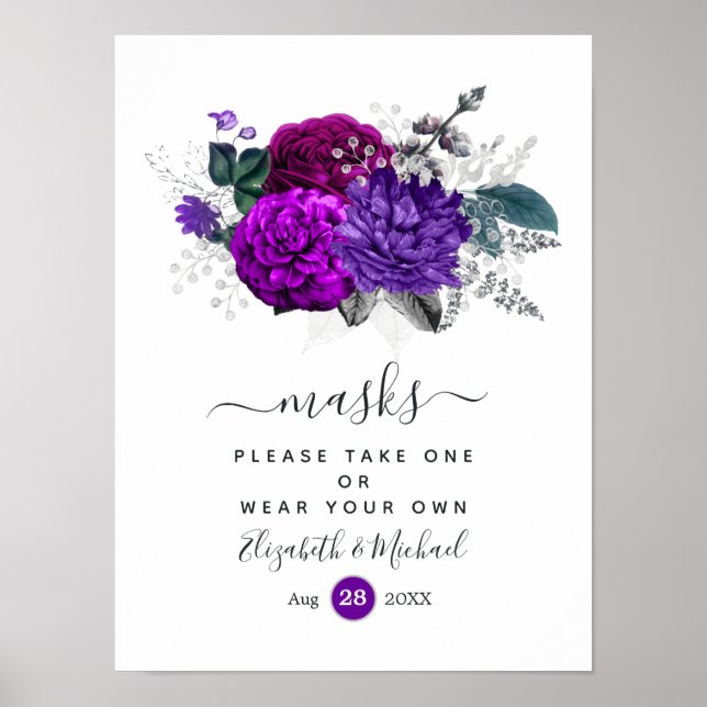 Affiche Masques de mariage floraux violet royal et argent (Devant)