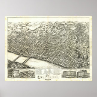 Affiche Masse de Springfield. Carte panoramique antique 18